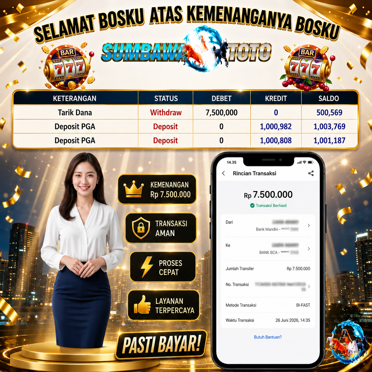 SELAMAT ATAS KEMENANGAN NYA DI MAHJONG 1 BOSKU